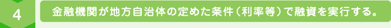 金融機関が地方自治体の定めた条件（利率等）で融資を実行する。