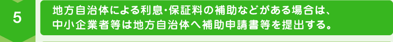 地方自治体による利息・保証料の補助などがある場合は、中小企業者等は地方自治体へ補助申請書等を提出する。